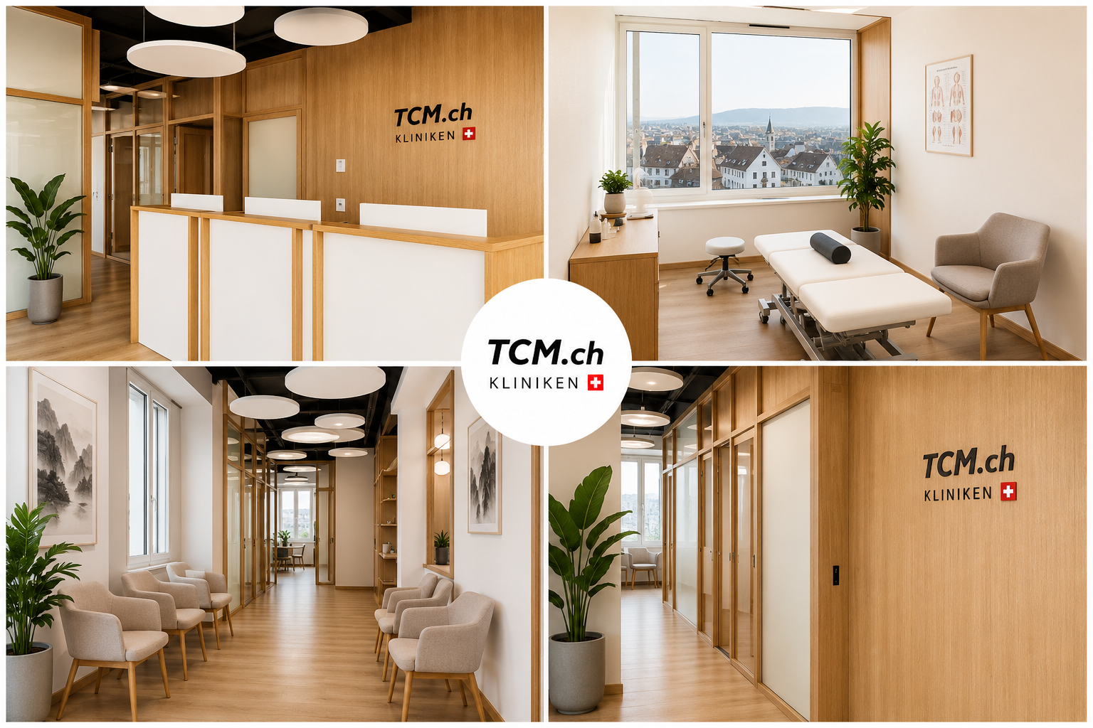 TCM.ch Flagship-Klinik – Empfang, Behandlungsraum und Wartebereich